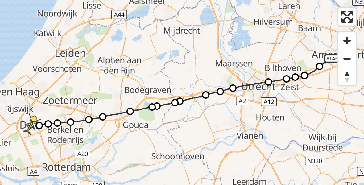 Routekaart van de vlucht: Lifeliner 1 naar Delft