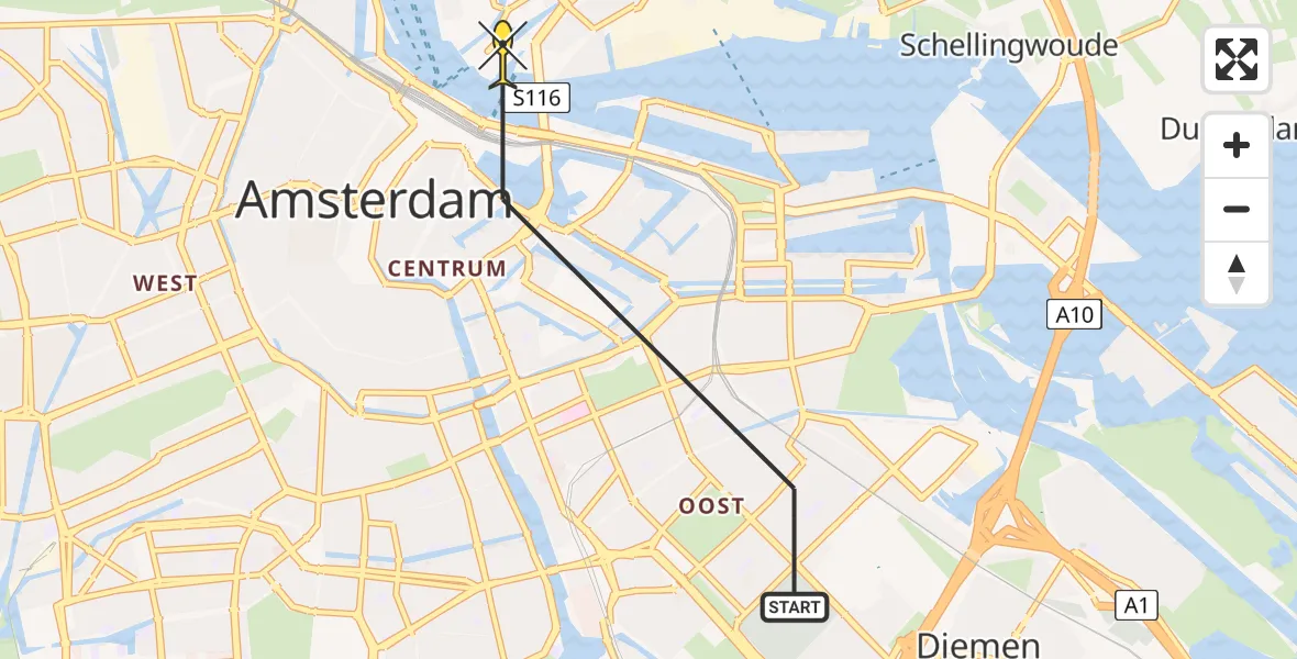 Routekaart van de vlucht: Politieheli naar Amsterdam