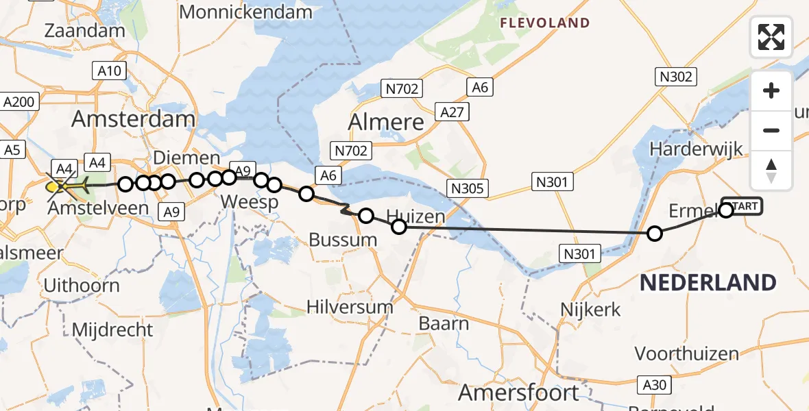 Routekaart van de vlucht: Politieheli naar Schiphol