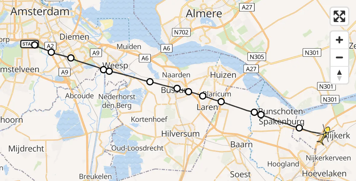 Routekaart van de vlucht: Lifeliner 1 naar Nijkerk