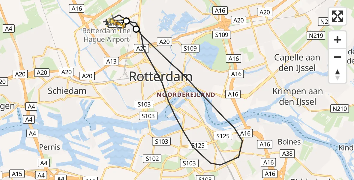 Vluchtroute Traumahelikopter Rotterdam The Hague Airport - Rotterdam The Hague Airport, 09 april 2023, 05:18