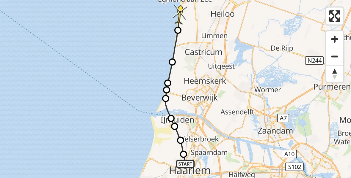Routekaart van de vlucht: Politiehelikopter naar Egmond-Binnen