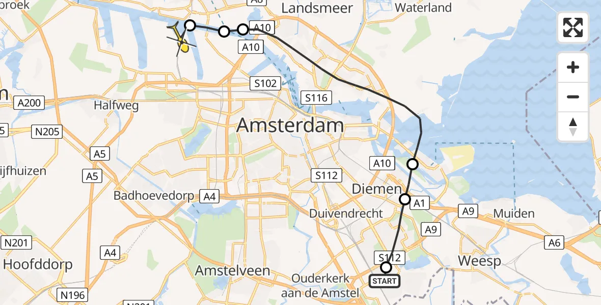 Routekaart van de vlucht: Lifeliner 1 naar Amsterdam Heliport