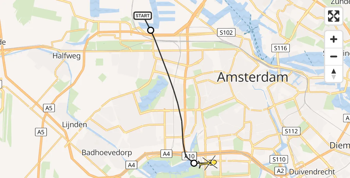 Routekaart van de vlucht: Lifeliner 1 naar VU Medisch Centrum Amsterdam