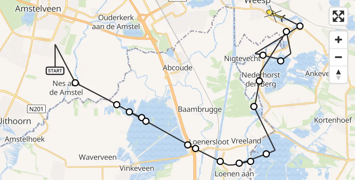 Routekaart van de vlucht: Politieheli naar Weesp