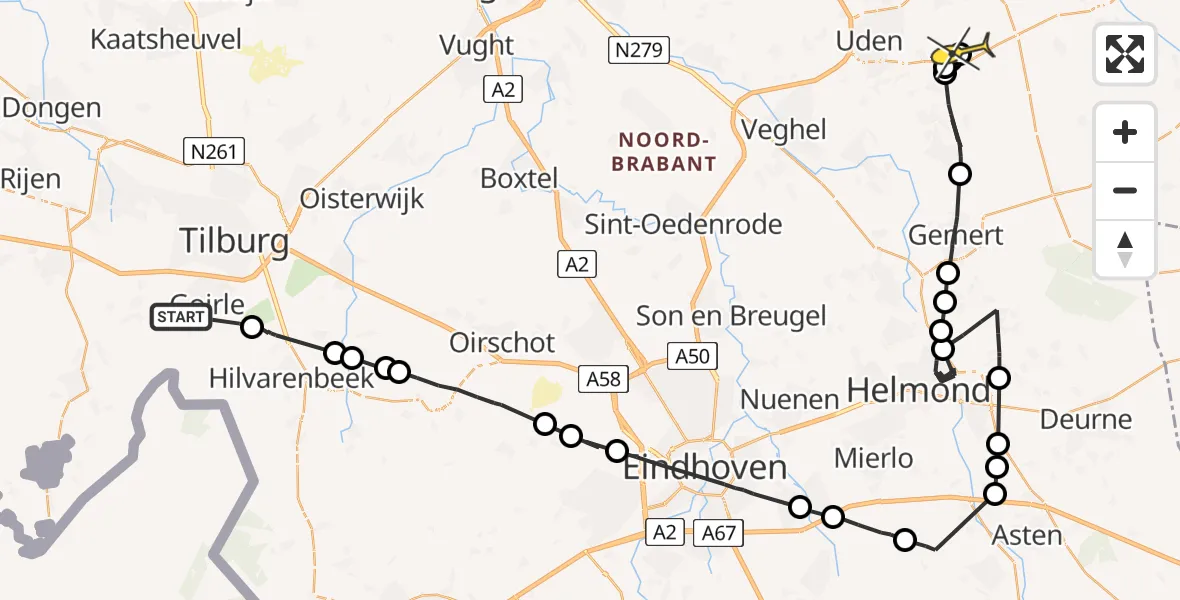 Routekaart van de vlucht: Politieheli naar Vliegbasis Volkel