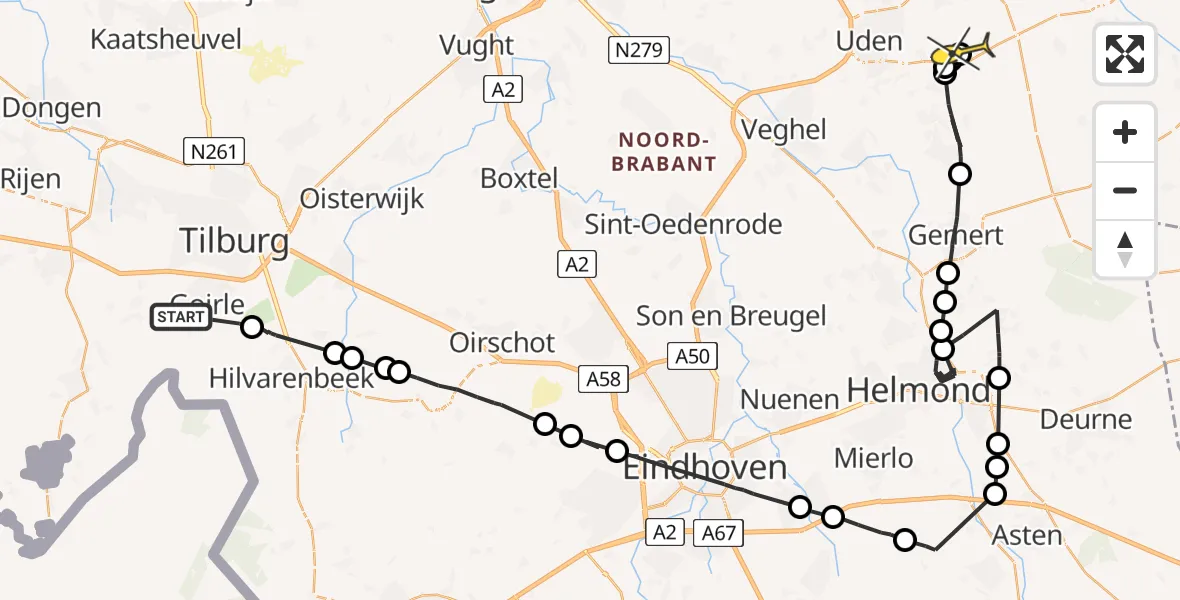 Routekaart van de vlucht: Politiehelikopter naar Vliegbasis Volkel