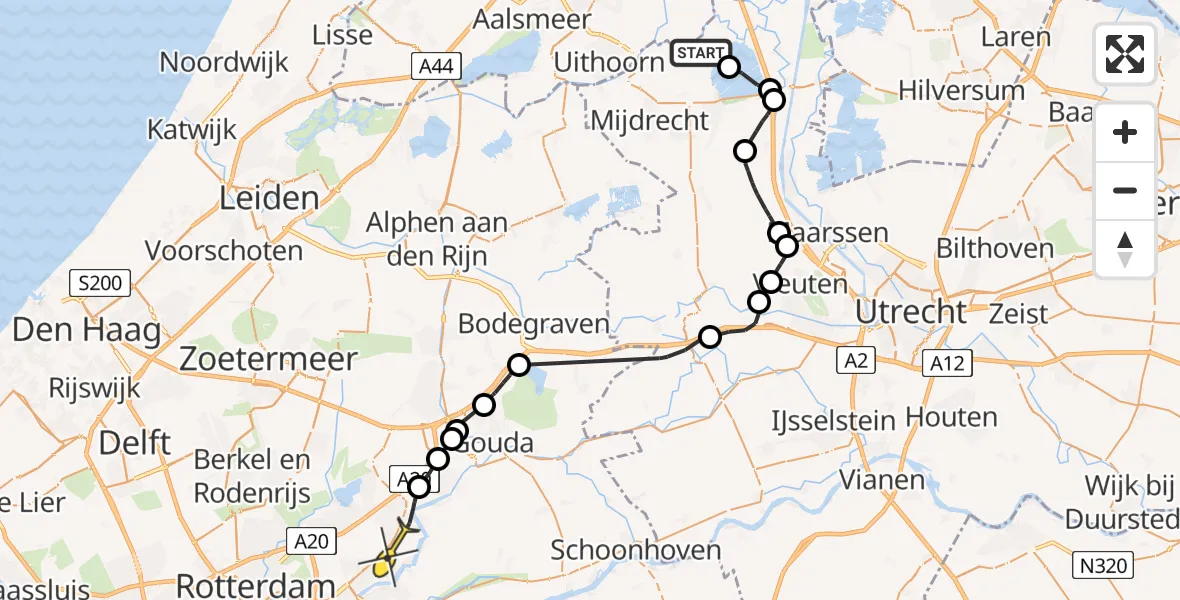 Routekaart van de vlucht: Politieheli naar Nieuwerkerk aan den IJssel