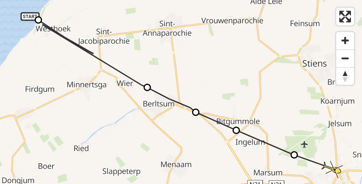 Routekaart van de vlucht: Ambulanceheli naar Leeuwarden