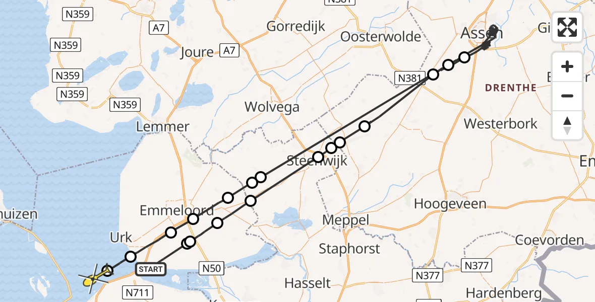 Routekaart van de vlucht: Politieheli naar Lelystad