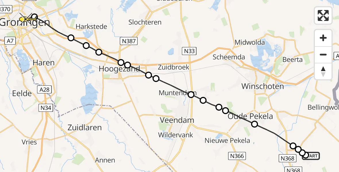 Routekaart van de vlucht: Lifeliner 4 naar Universitair Medisch Centrum Groningen