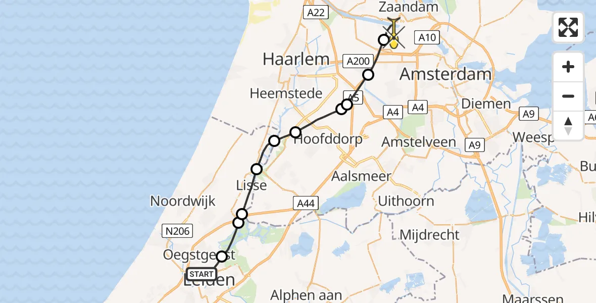 Routekaart van de vlucht: Lifeliner 1 naar Amsterdam Heliport