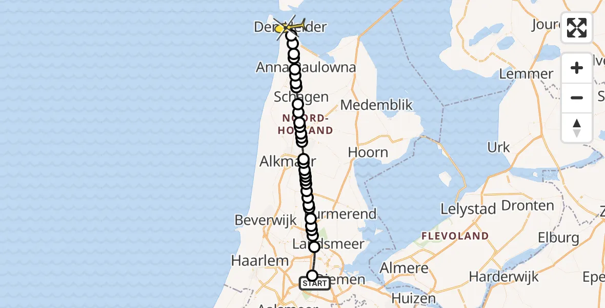 Routekaart van de vlucht: Lifeliner 1 naar Den Helder