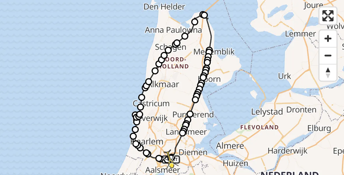 Routekaart van de vlucht: Politieheli naar Schiphol