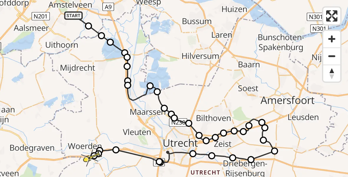Routekaart van de vlucht: Politieheli naar Linschoten
