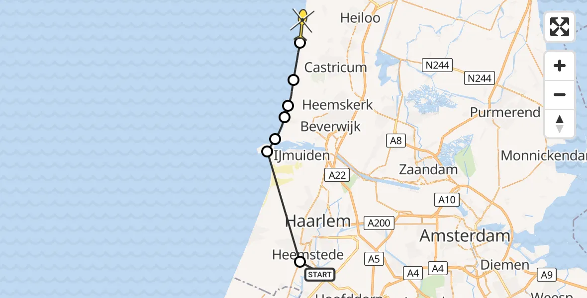 Routekaart van de vlucht: Politieheli naar Egmond-Binnen