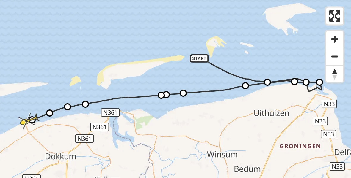 Routekaart van de vlucht: Politiehelikopter naar Holwerd