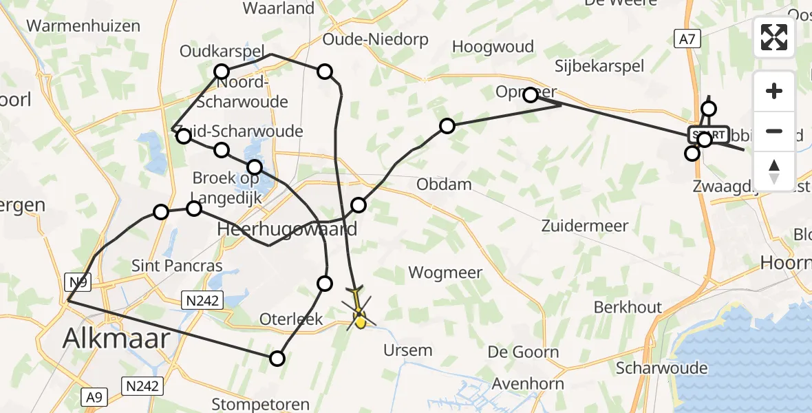 Routekaart van de vlucht: Politieheli naar Heerhugowaard