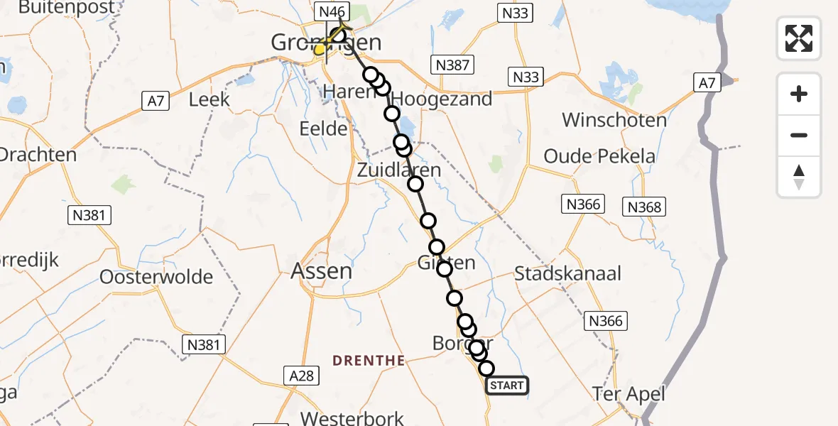 Routekaart van de vlucht: Lifeliner 4 naar Universitair Medisch Centrum Groningen