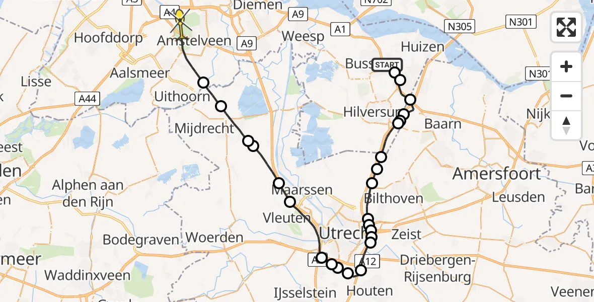 Routekaart van de vlucht: Politieheli naar Amstelveen