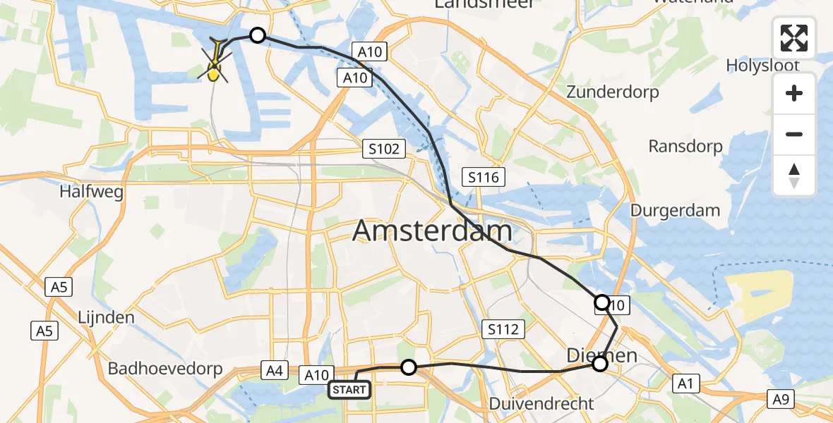 Routekaart van de vlucht: Lifeliner 1 naar Amsterdam Heliport