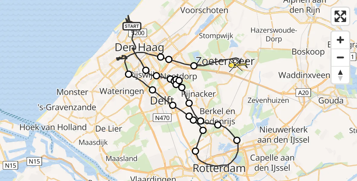 Routekaart van de vlucht: Politieheli naar Zoetermeer