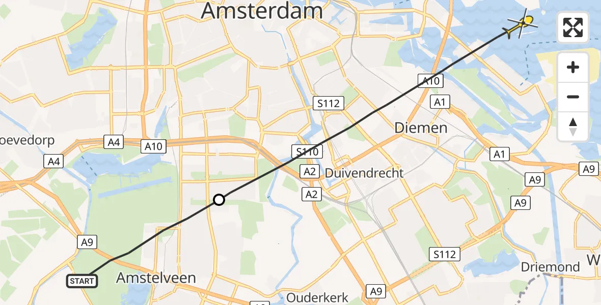 Vluchtroute Politiehelikopter van Amstelveen naar Amsterdam