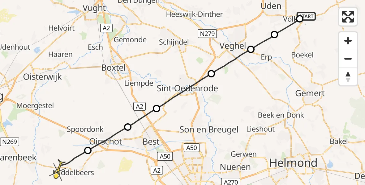 Routekaart van de vlucht: Lifeliner 3 naar Oost West en Middelbeers