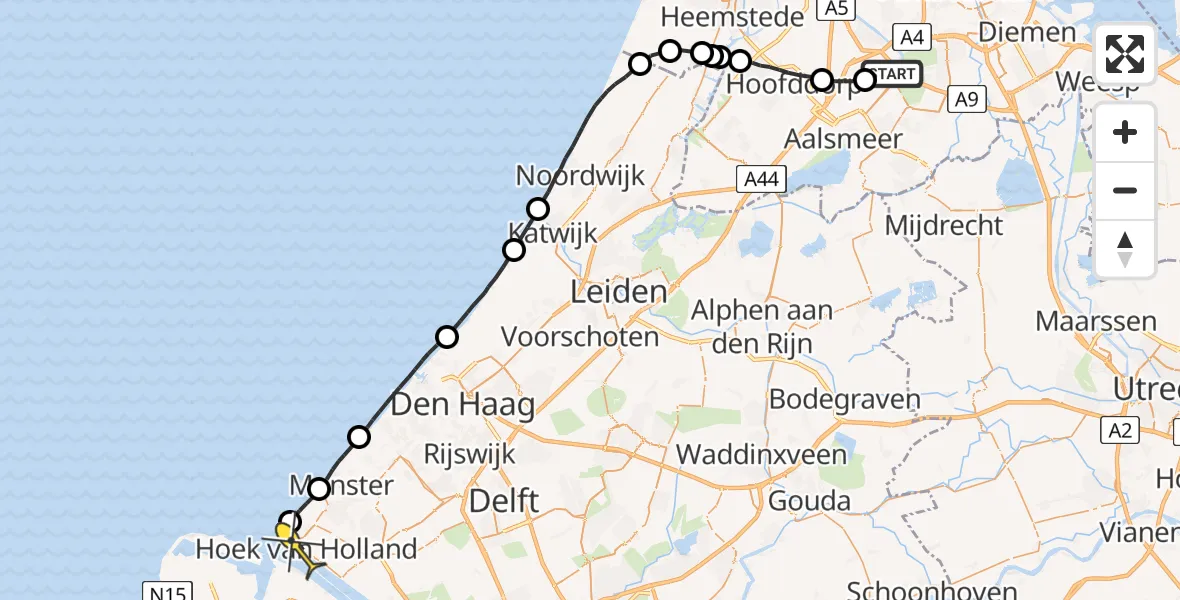 Routekaart van de vlucht: Politieheli naar Hoek van Holland