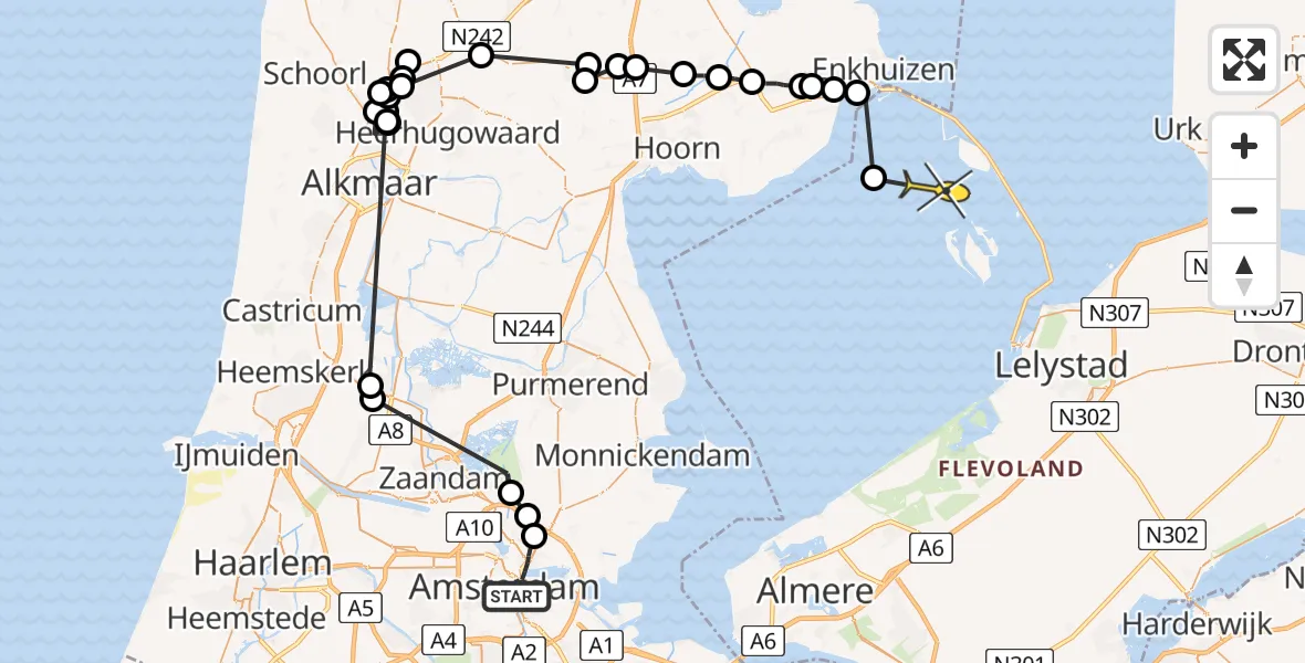 Routekaart van de vlucht: Politieheli naar Lelystad