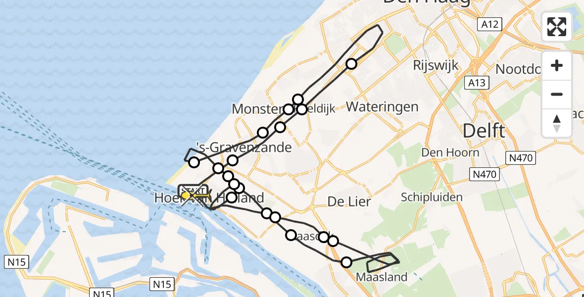 Routekaart van de vlucht: Politiehelikopter naar Hoek van Holland