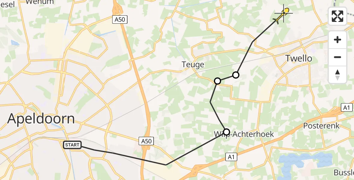 Routekaart van de vlucht: Politiehelikopter naar Twello