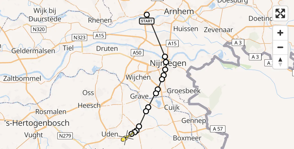 Routekaart van de vlucht: Politiehelikopter naar Vliegbasis Volkel