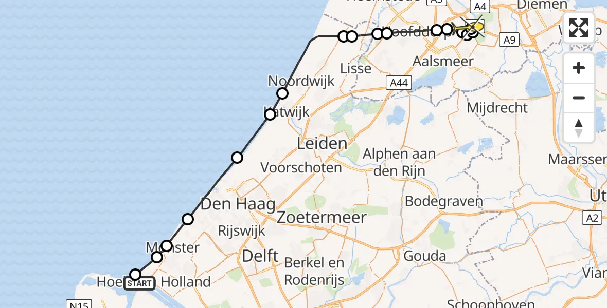 Routekaart van de vlucht: Politieheli naar Schiphol