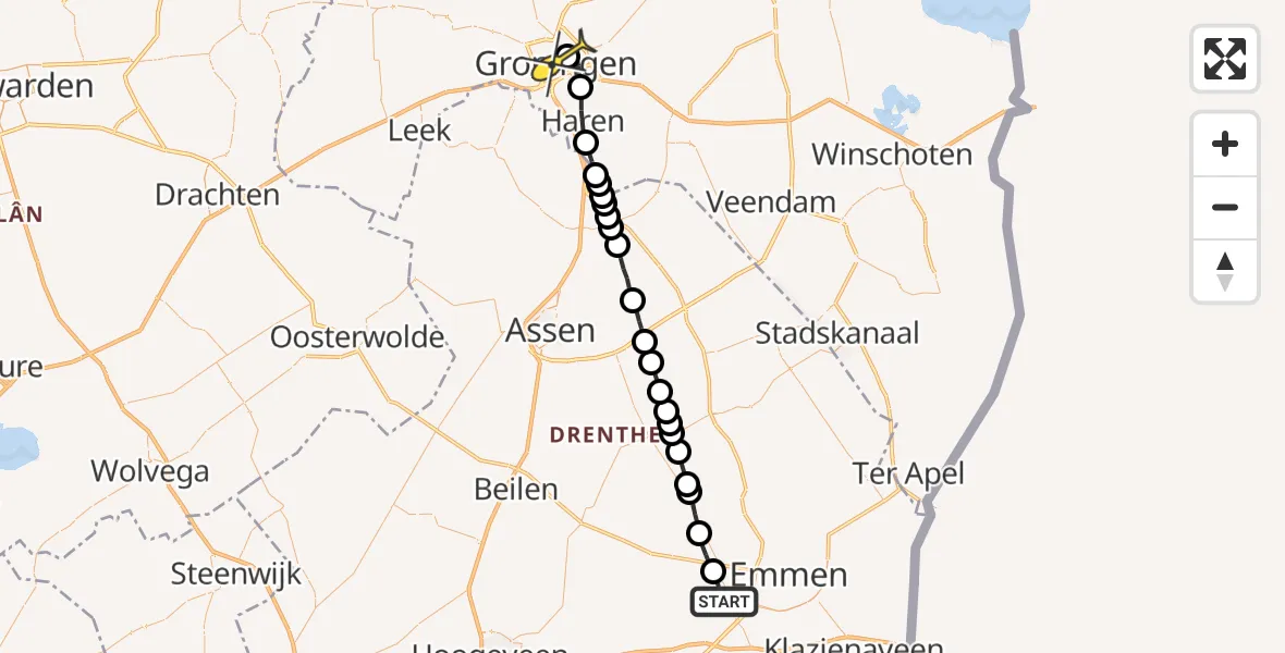 Routekaart van de vlucht: Lifeliner 4 naar Universitair Medisch Centrum Groningen