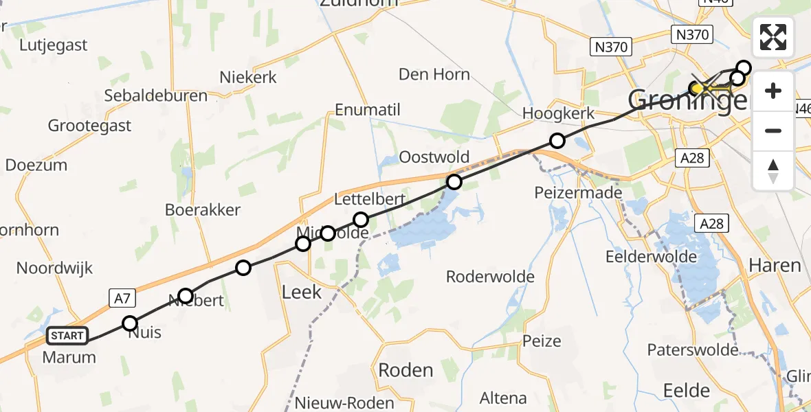 Routekaart van de vlucht: Lifeliner 4 naar Universitair Medisch Centrum Groningen