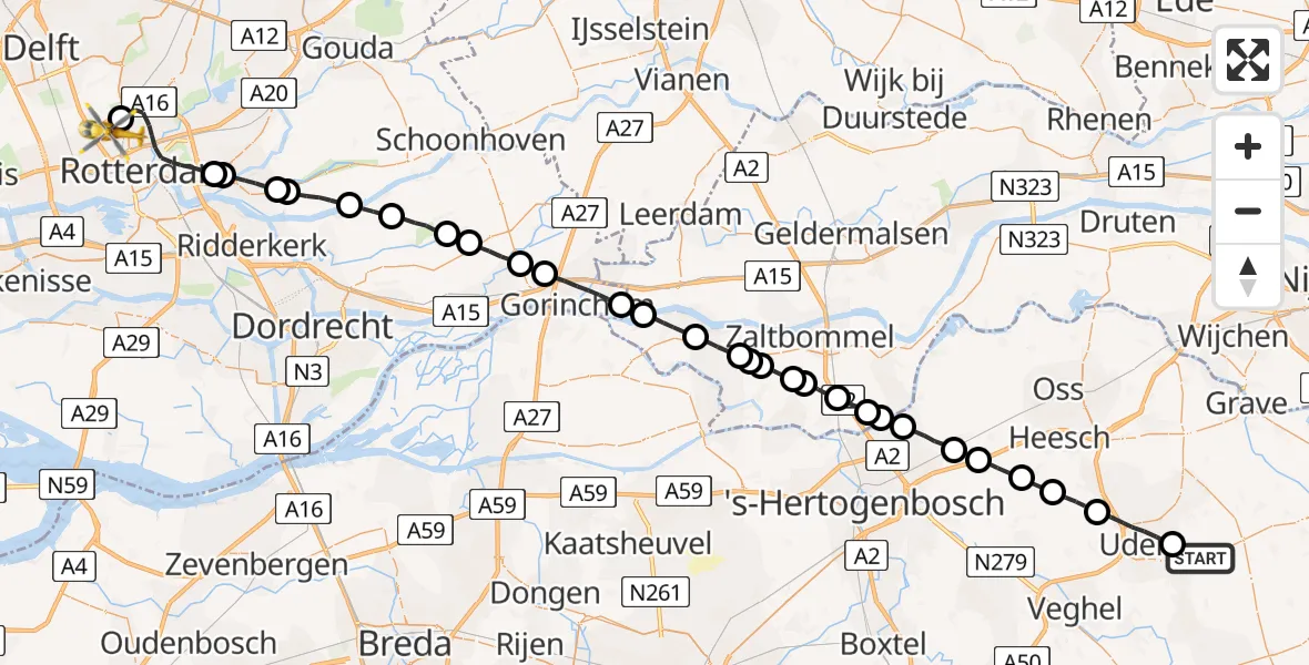 Vluchtroute Traumahelikopter Vliegbasis Volkel - Rotterdam The Hague Airport, 13 april 2023, 20:12
