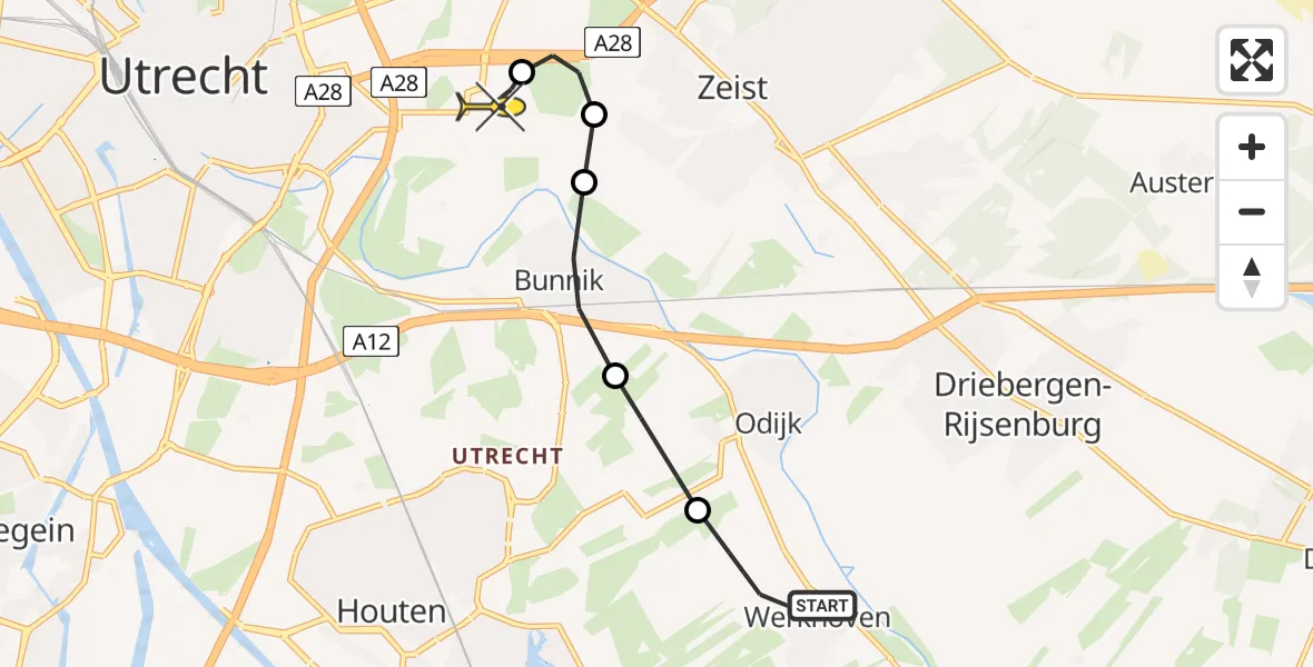 Routekaart van de vlucht: Lifeliner 1 naar Universitair Medisch Centrum Utrecht