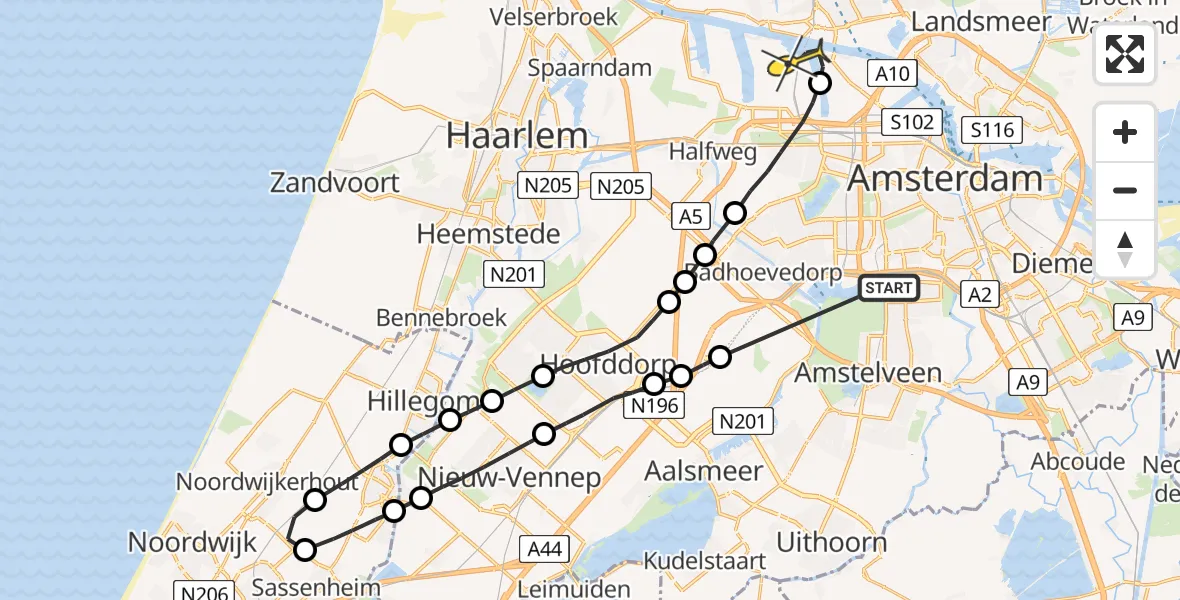 Routekaart van de vlucht: Lifeliner 1 naar Amsterdam Heliport