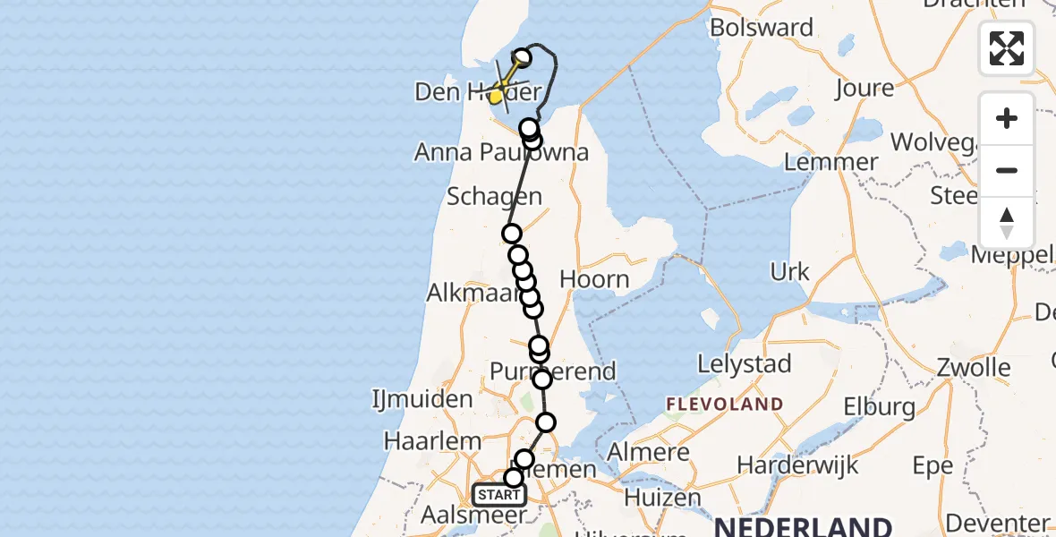 Routekaart van de vlucht: Politiehelikopter naar Den Helder