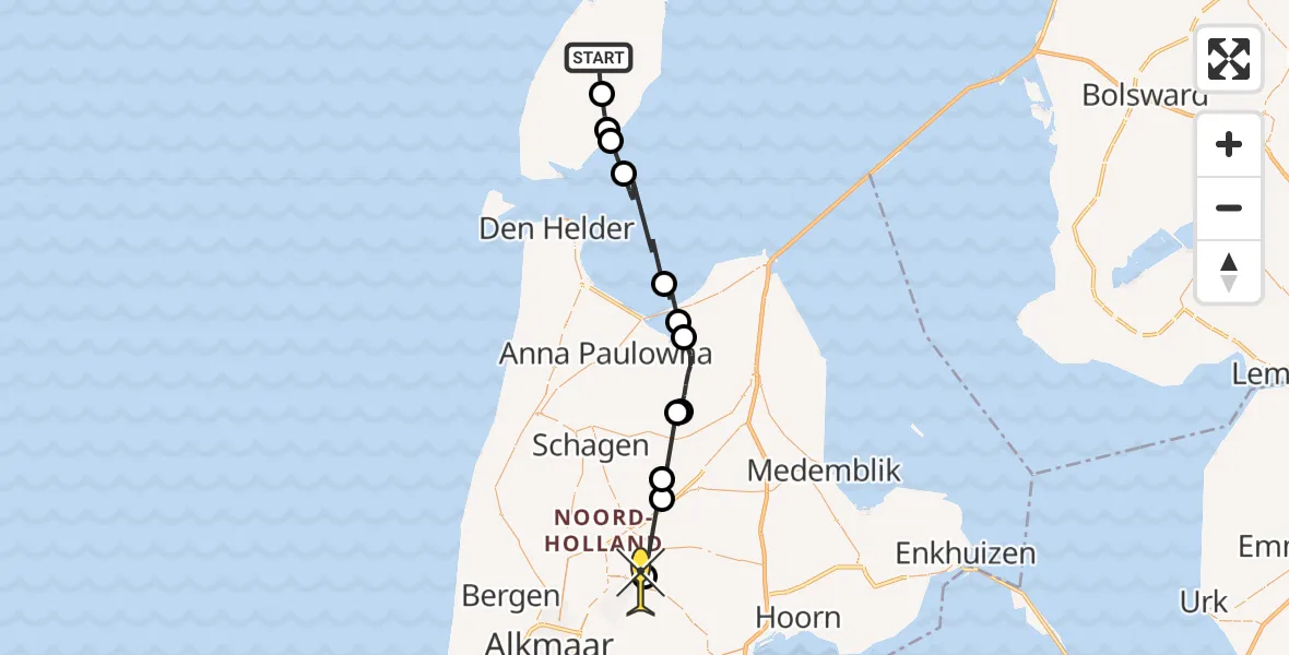 Routekaart van de vlucht: Politiehelikopter naar Heerhugowaard