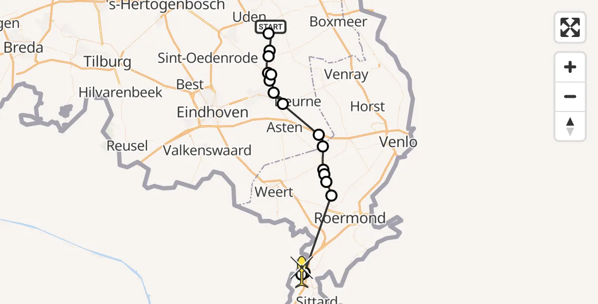 Routekaart van de vlucht: Politieheli naar Roosteren