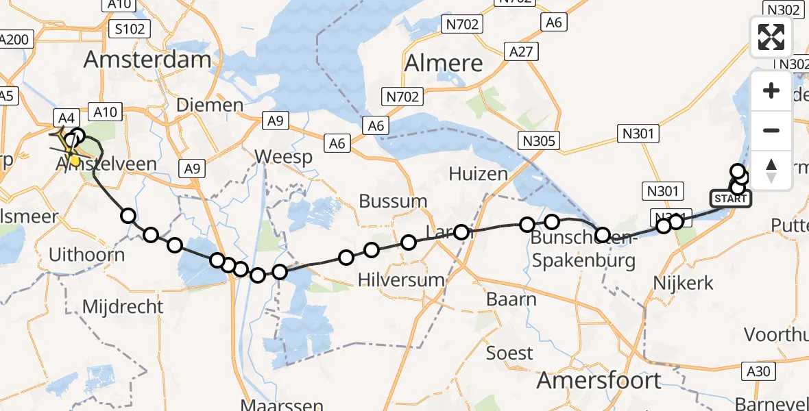 Routekaart van de vlucht: Politieheli naar Schiphol