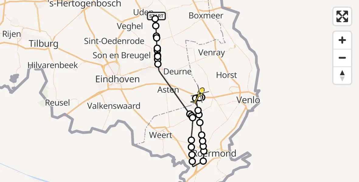 Routekaart van de vlucht: Politieheli naar Helenaveen