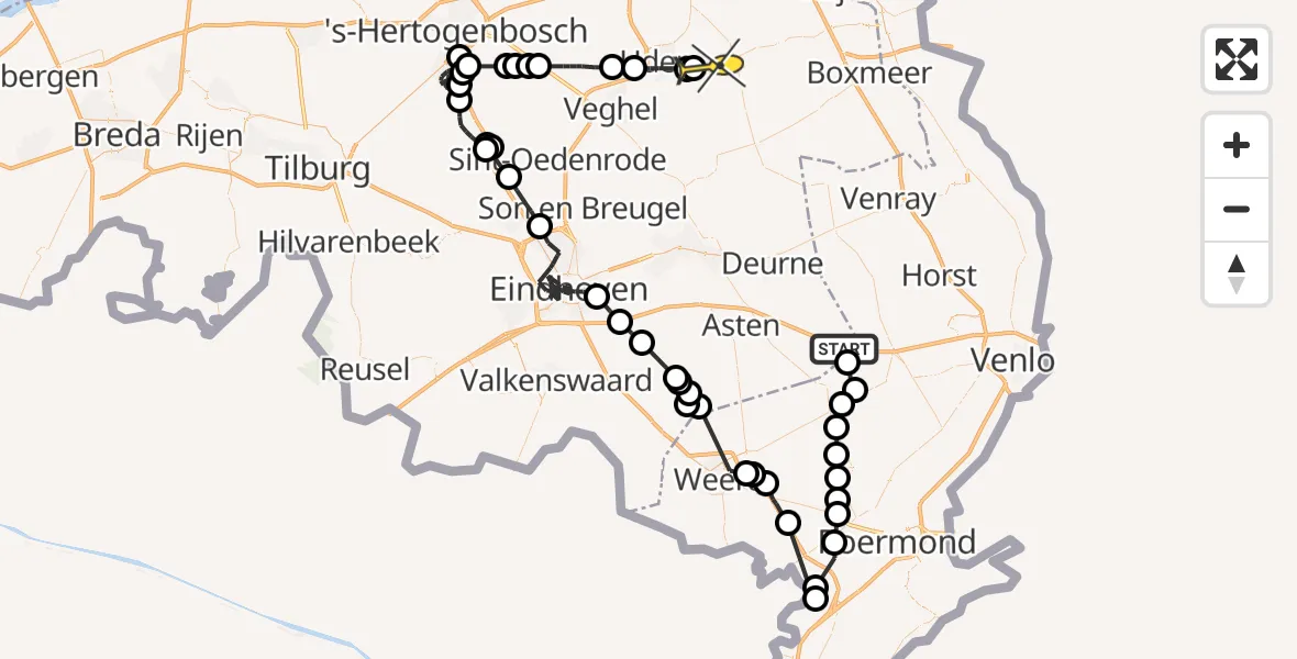 Routekaart van de vlucht: Politiehelikopter naar Vliegbasis Volkel