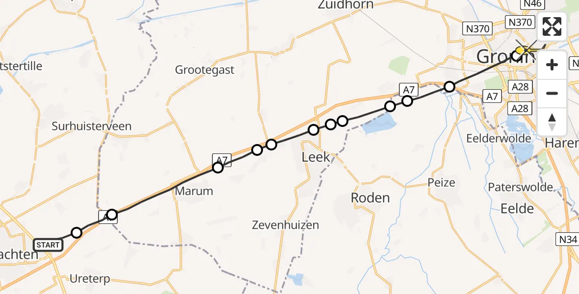 Routekaart van de vlucht: Lifeliner 4 naar Universitair Medisch Centrum Groningen