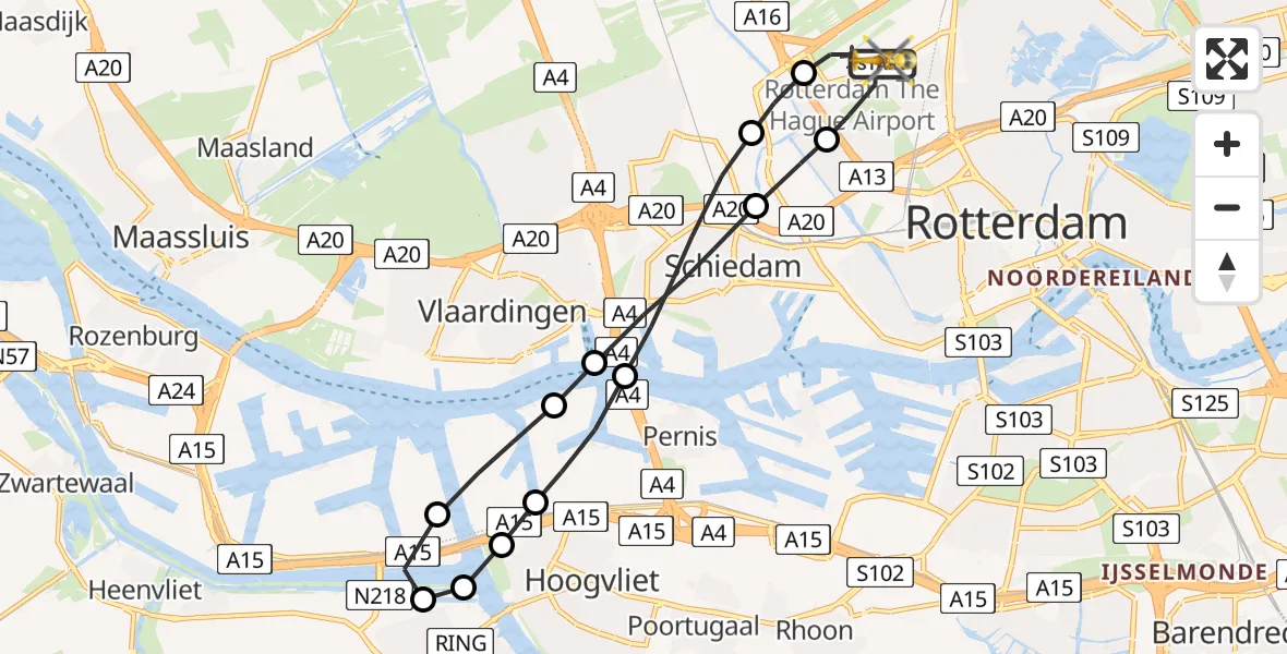 Vluchtroute Traumahelikopter Rotterdam The Hague Airport - Rotterdam The Hague Airport, 15 april 2023, 01:28
