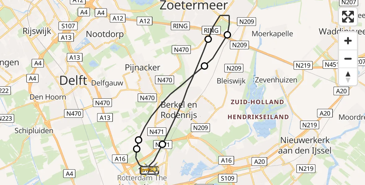 Vluchtroute Traumahelikopter Rotterdam The Hague Airport - Rotterdam The Hague Airport, 15 april 2023, 02:40