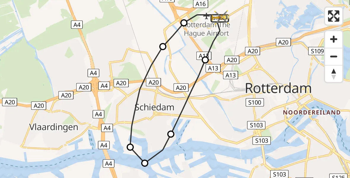 Vluchtroute Traumahelikopter Rotterdam The Hague Airport - Rotterdam The Hague Airport, 15 april 2023, 03:35