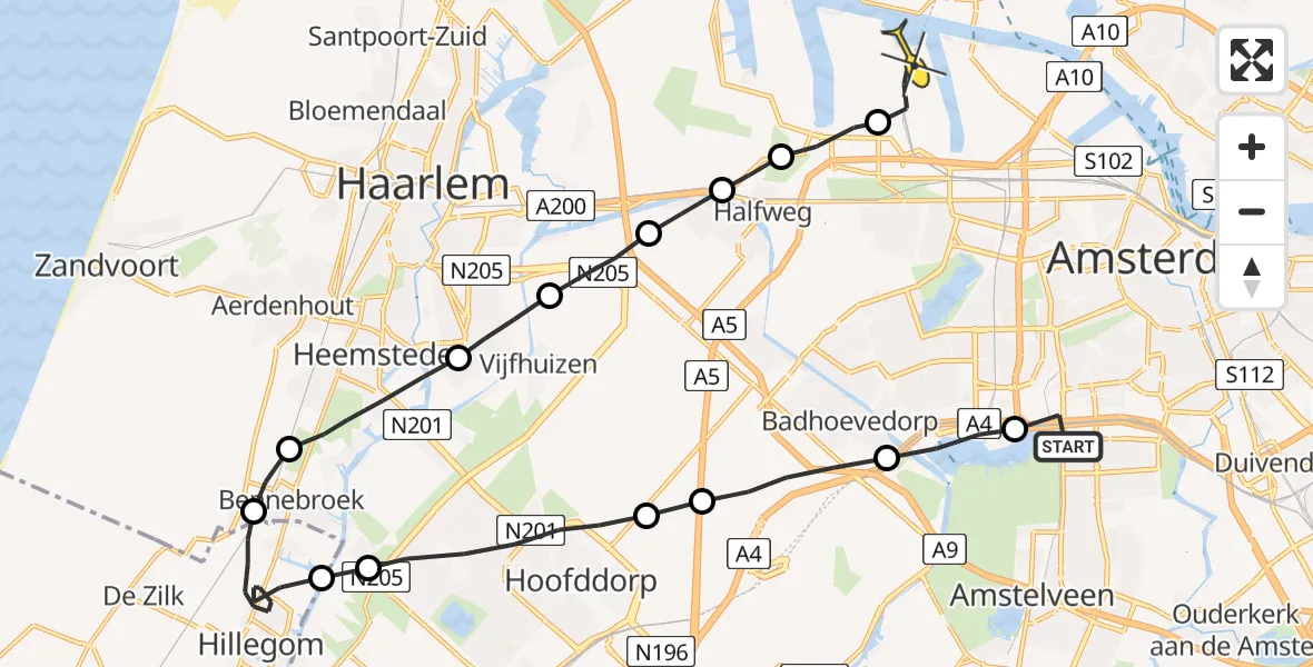 Routekaart van de vlucht: Lifeliner 1 naar Amsterdam Heliport